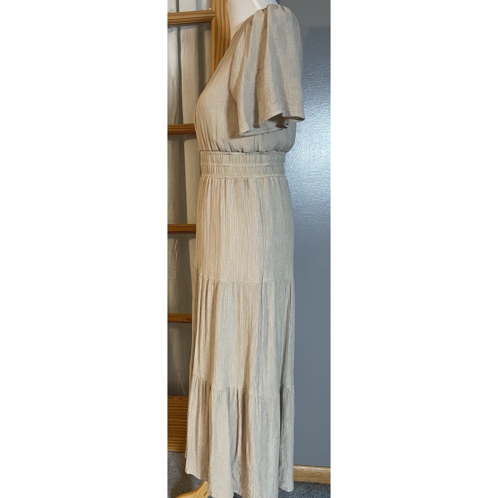 Anthropologie August Sky Tiered Dress Sz L Midi Beige Crinkly Boho Peasant - Picture 2 of 13